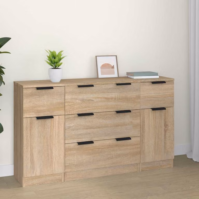 Set di 3 Credenze Moderno vidaXL in Legno Rovere e MDF, Colore Marrone e Beige