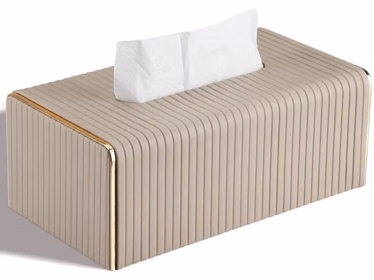 Scatola per fazzoletti in ecopelle, beige, a righe, rettangolare, dimensioni 23,5x12x8,5 cm