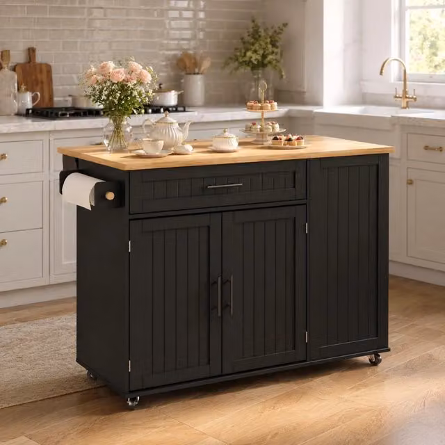 Carrello da cucina con piano pieghevole, cassetto, vano pattumiera e ruote bloccabili, nero, 130 × 70 × 93 cm