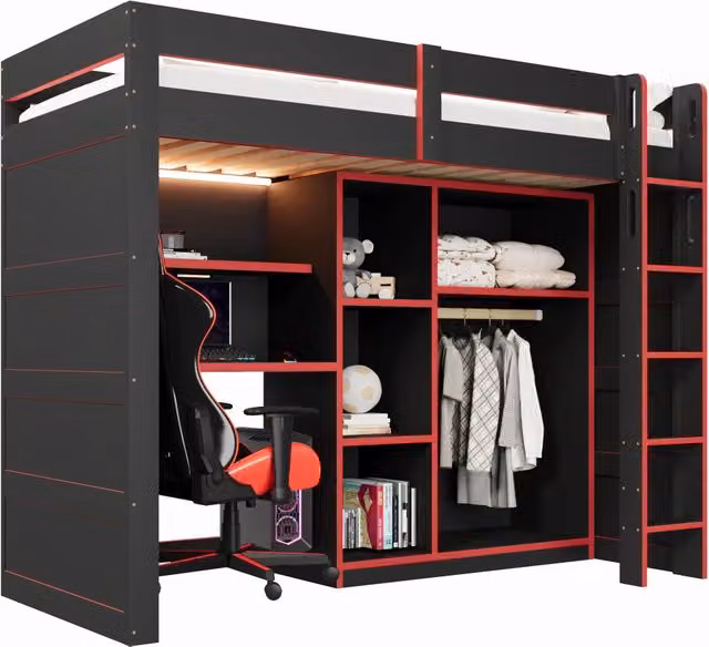 Letto a soppalco 90x200 cm con scrivania; armadio aperto; LED e USB; in multistrato e MDF; nero e rosso