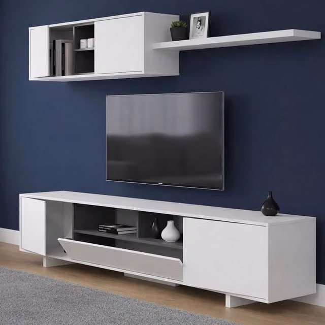 Parete Attrezzata Mobile Soggiorno DMORA Angora Bianco Lucido L: 200 cm, P: 41 cm, H: 46 cm