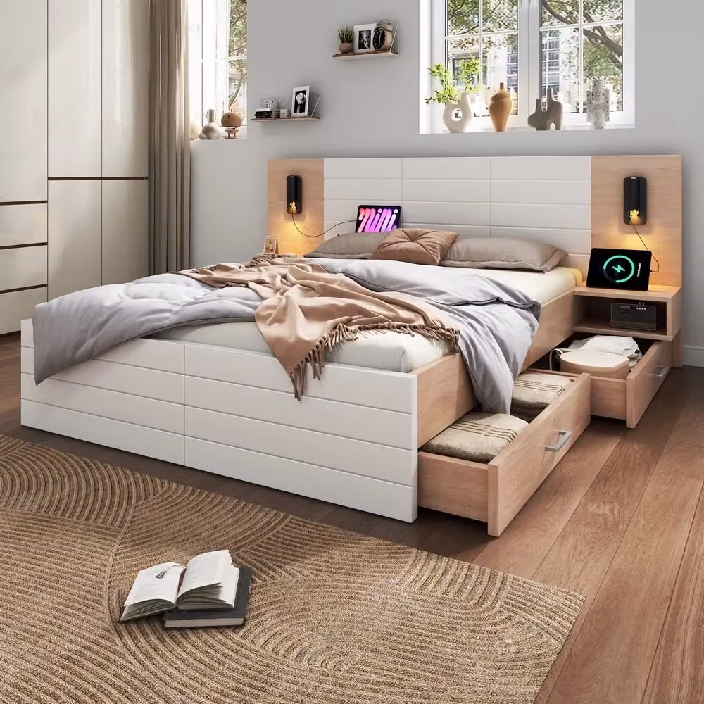 Letto Matrimoniale Minimal con Cassetti e Testiera LED Rovere e Bianco L 140 cm x P 200 cm – 2