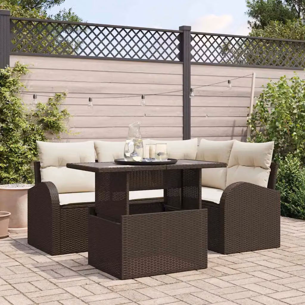 vidaXL Set Divano da Giardino Moderno 5 Pezzi con Tavolino e Cuscini Marrone e Bianco – 1