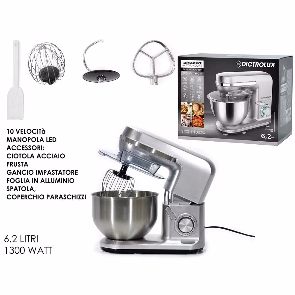 Impastatrice Planetaria Multifunzione Trade Shop Traesio in Acciaio con Ciotola da 6,2 l, 1300 W e Display LED, Colore Argento – 2