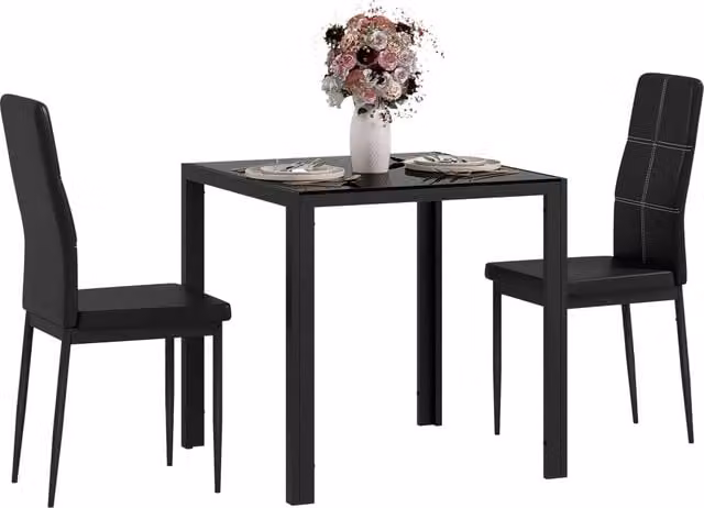 Set tavolo da pranzo XYLO con 2 sedie, piano quadrato in vetro temperato nero lucido, L/P/H: 75 x 75 x 75 cm