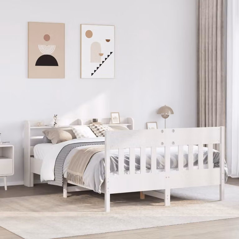 Letto a casetta vidaXL in legno massello di pino bianco con ripiani laterali L/P/H: 200 x 140 x 150 cm