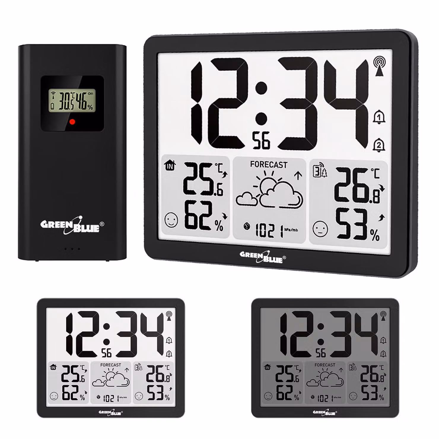 Stazione meteorologica Funk: temperatura e umidità, interni/esterni, orologio/sveglia/data. Scala: °C / °F. Portata fino a 60 metri. Modello: GB443 B, marca: GreenBlue