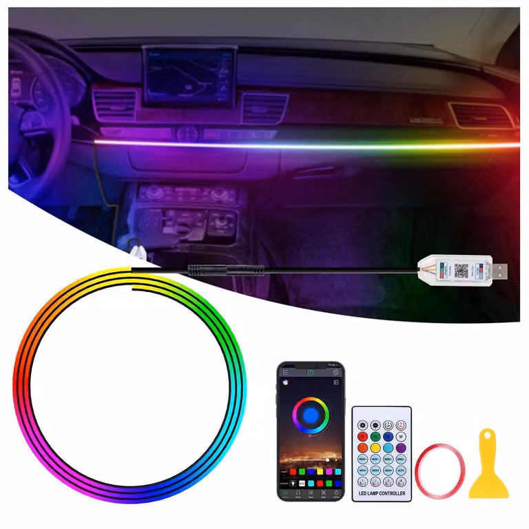Illuminazione interna per auto in acrilico, LED RGB, striscia di luce ambientale, 110 cm, 146 LED, controllo tramite app, alimentazione USB