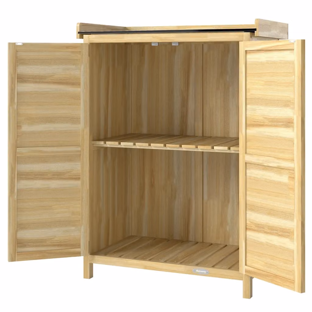 Armadio da giardino in legno di abete con ripiani interni e ante a battente, colore marrone naturale, L: 71.5 cm, P: 39 cm, H: 95 cm – 2