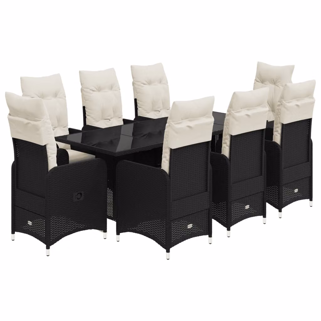 Set Bistrò da Giardino 9 pz con Cuscini in Polyrattan Nero