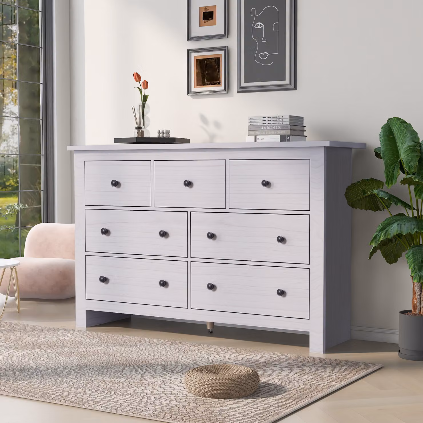 credenza okwish, credenza, mobile da cucina, mobile contenitore, credenza, mobile da terra, cassettiera, 7 cassetti, soggiorno, bianco, 140 x 40 x 89 cm