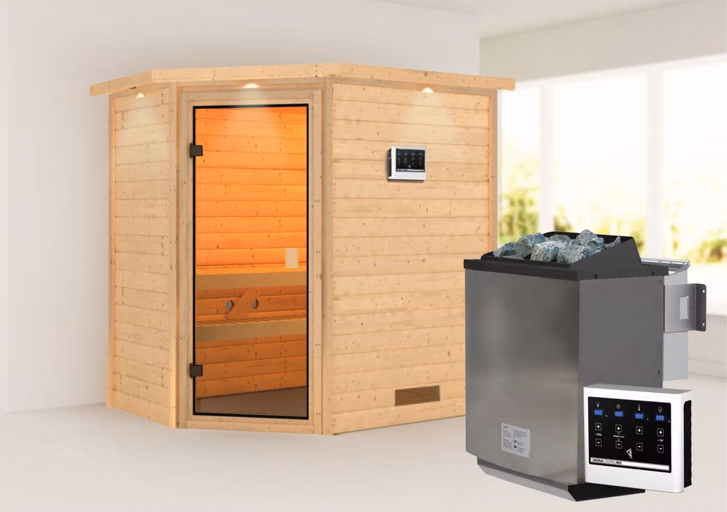 Sauna Woodfeeling Jella (ingresso angolare), porta interamente in vetro, finitura bronzo, stufa da 9 kWcon comando esterno easy