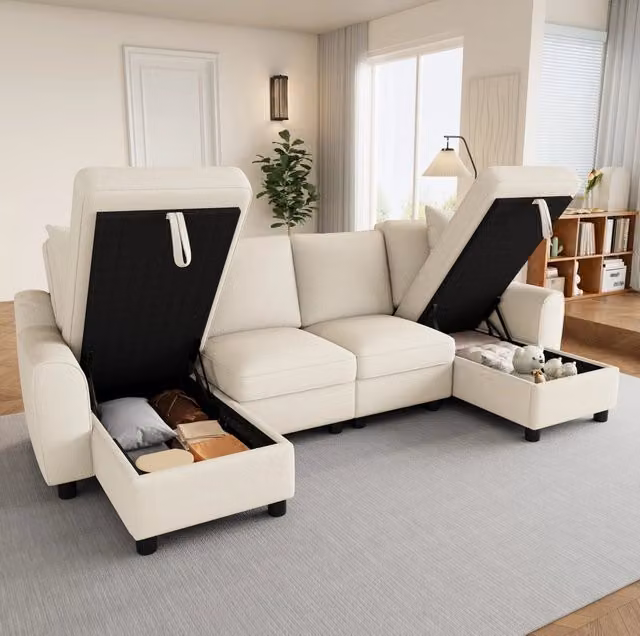 Divano a U 280x137 cm in ciniglia beige con chaise longue contenitore HOMVRA