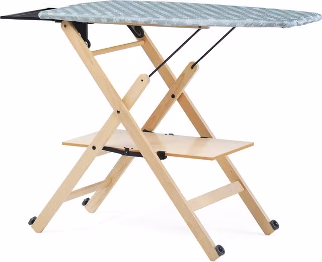 Asse da stiro pieghevole Assai Foppapedretti con regolazione altezza e portabiancheria, colore marrone, L: 101 cm, P: 49 cm, H: 115 cm