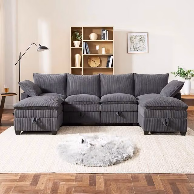 Divano moderno a L - Xylo - Velluto, USB, poggiapiedi, ripostiglio, grigio
