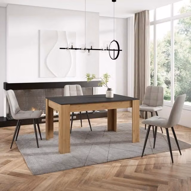 Tavolo da Pranzo, 140x90x76cm, Per 6 persone, Tavolo Cucina, Nero e colore Rovere RF3645