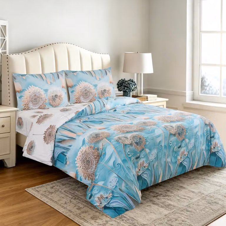 Set di lenzuola composto da 4 pezzi: copripiumino e lenzuolo con angoli, motivo "Oceano in fiore" in 3D