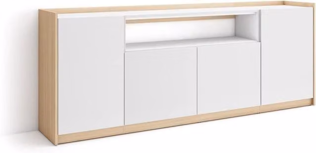 Credenza, Mobile, Cucina, 207x80x37 cm, 4 Porte, grande stoccaggio, Bianco e Rovere soft