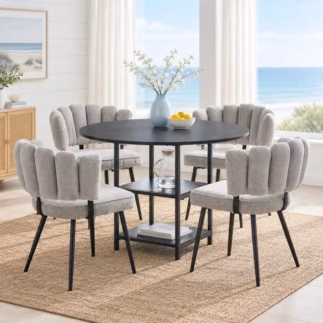 Set tavolo rotondo 107 cm con 4 sedie grigie e ripiani