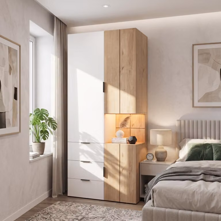 Armadio con aste appendiabiti, cabodino con illuminazione a LED e cassetti, mobile alto con ante, 90x49x200 cm, bianco e legno naturale
