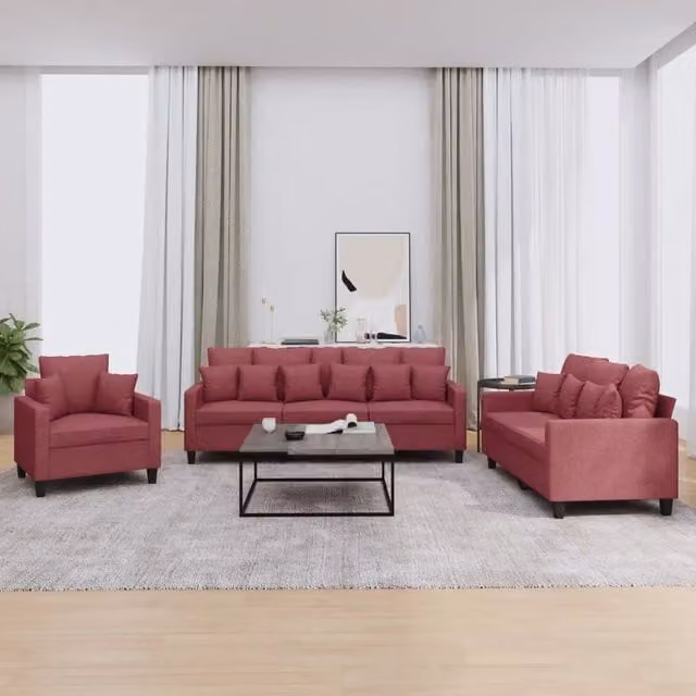 Set di divani 3 pezzi vidaXL in tessuto rosso per soggiorno con cuscini inclusi – 1