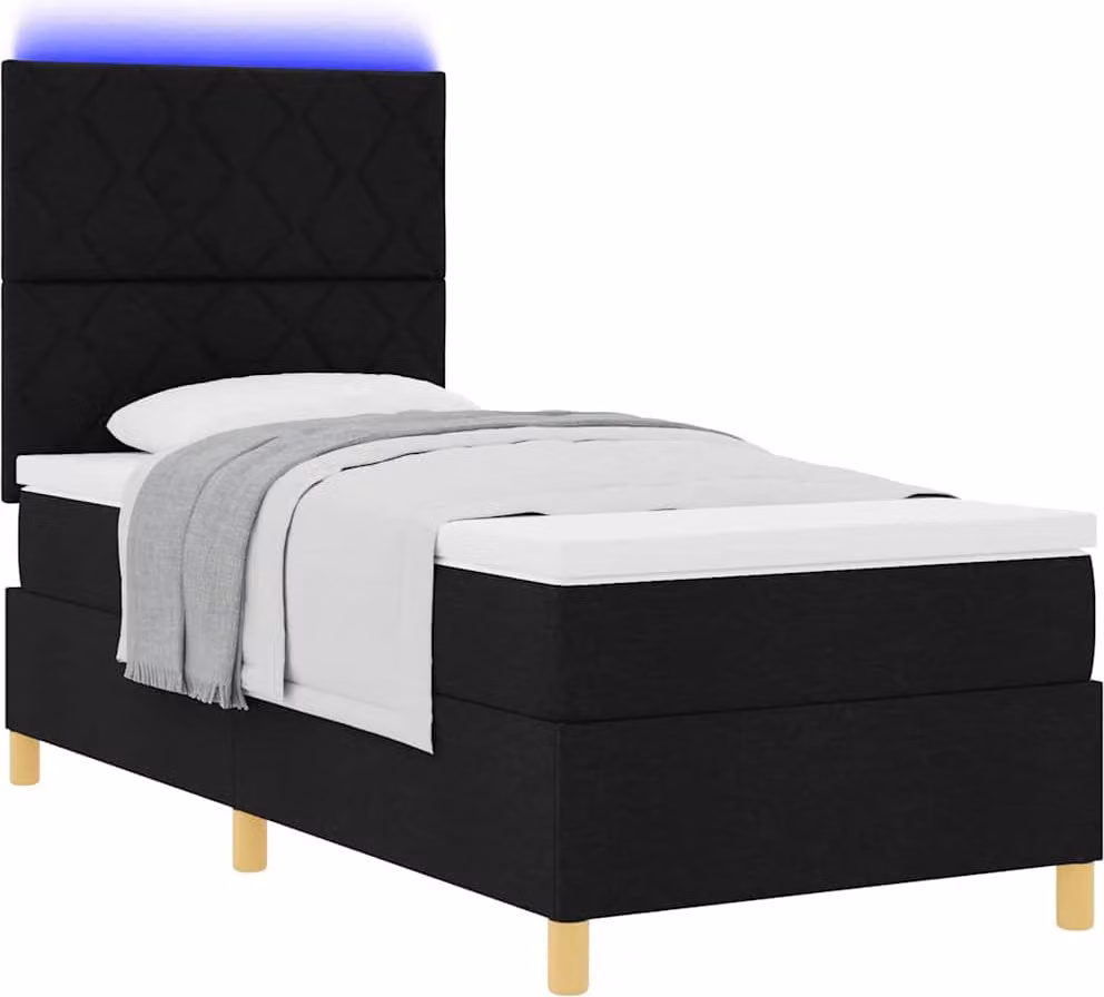 Letto a Sorgente LED con materasso Nero 100 x 200 cm Tessuto