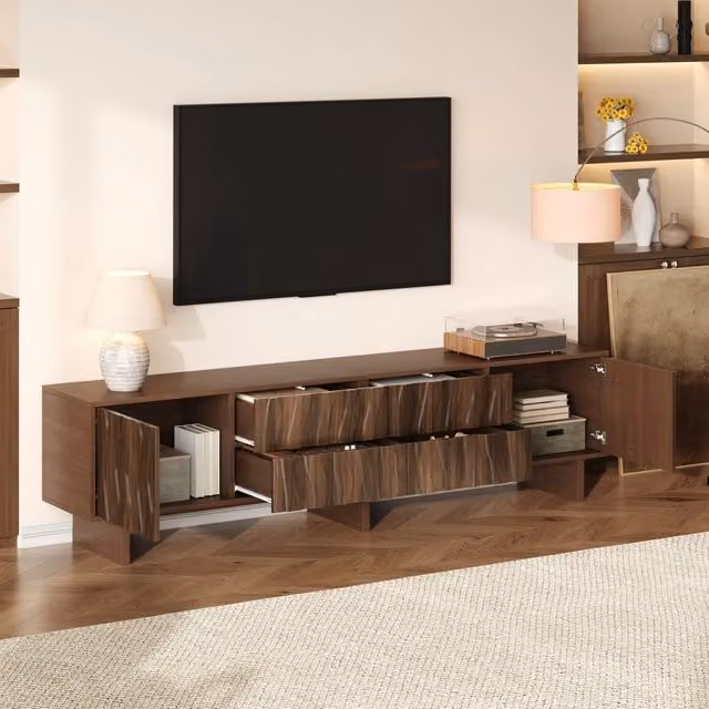 Mobile TV WISHDOR con design ondulato e finitura opaca, colore noce, con 4 cassetti e 2 ante, L: 180 cm, P: 40 cm, H: 56 cm