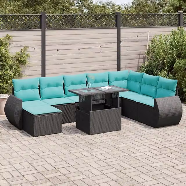 Set Divani da Giardino 9 pz con Cuscini Polyrattan Acacia Nero 3326688