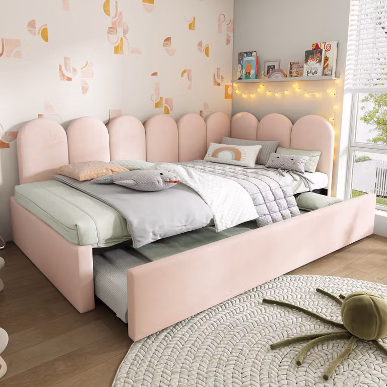 Flieks letto imbottito divano letto 90x200cm con letto estraibile, daybed con rete a doghe, letto per bambini letto per giovani letto singolo letto in legno, velluto, rosa