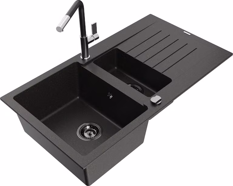 Mexen Matias lavello in granito 1,5 vasche con scolapiatti e rubinetto cucina Flora, nero/oro - 6502-75-670401-07-B