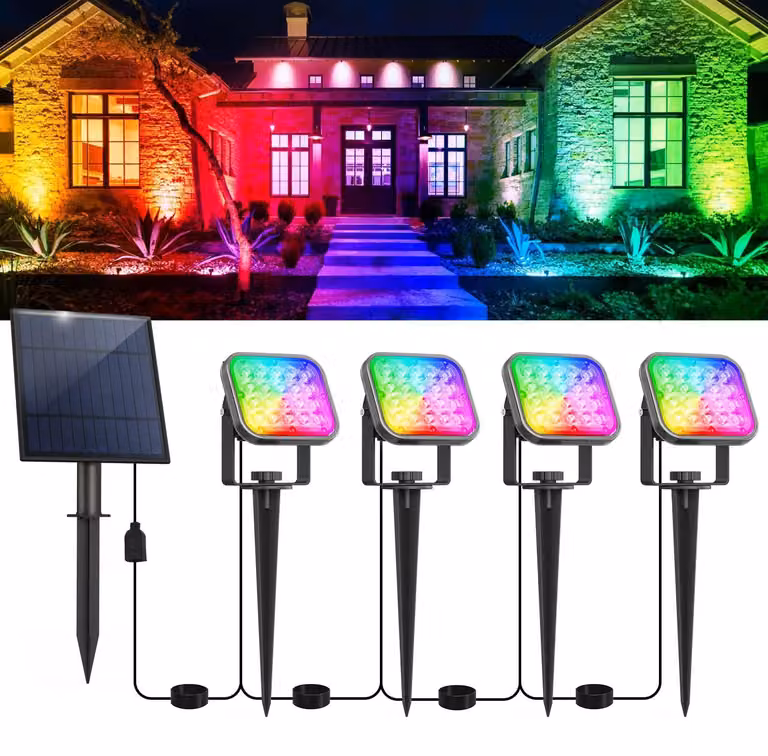 Faretto solare LED da esterno, 4-in-1, RGB, grado di protezione IP65, 937 lumen, 20 LED
