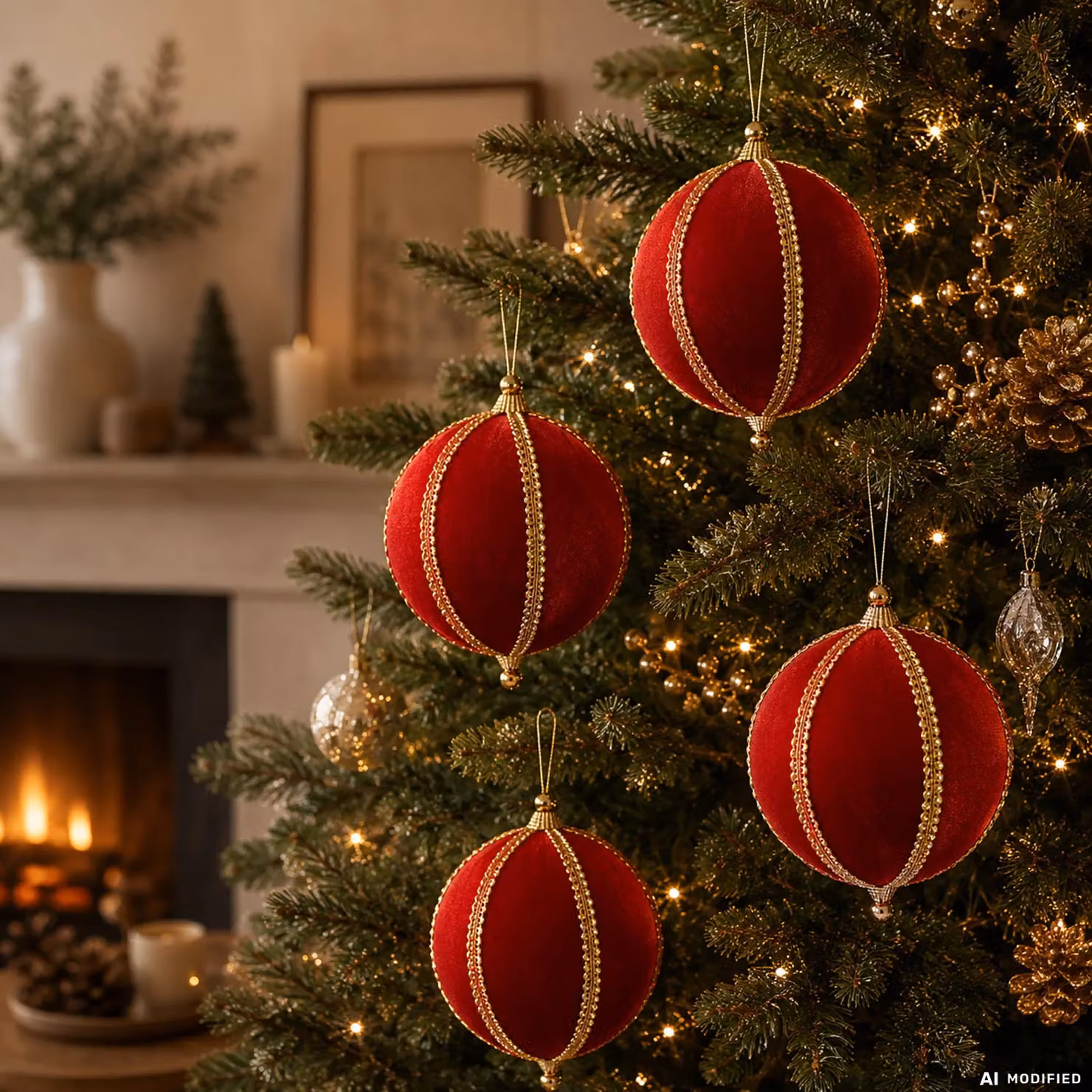 Set di 4 palline di Natale VESTIAMO CASA rosse con finiture oro, infrangibili, diametro: 10 cm – 2
