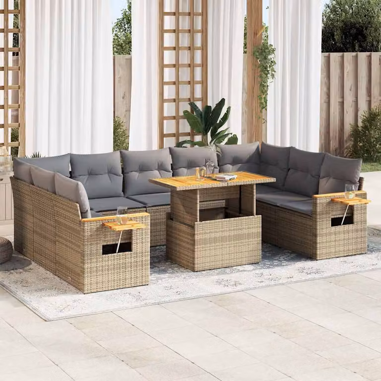 Set da giardino vidaXL composto da 10 pezzi con cuscini beige in polyrattan e legno di acacia con struttura in metallo e tavolino da caffè esterno