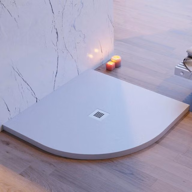 Piatto doccia semicircolare grigio chiaro effetto pietra cemento, misura 90x90