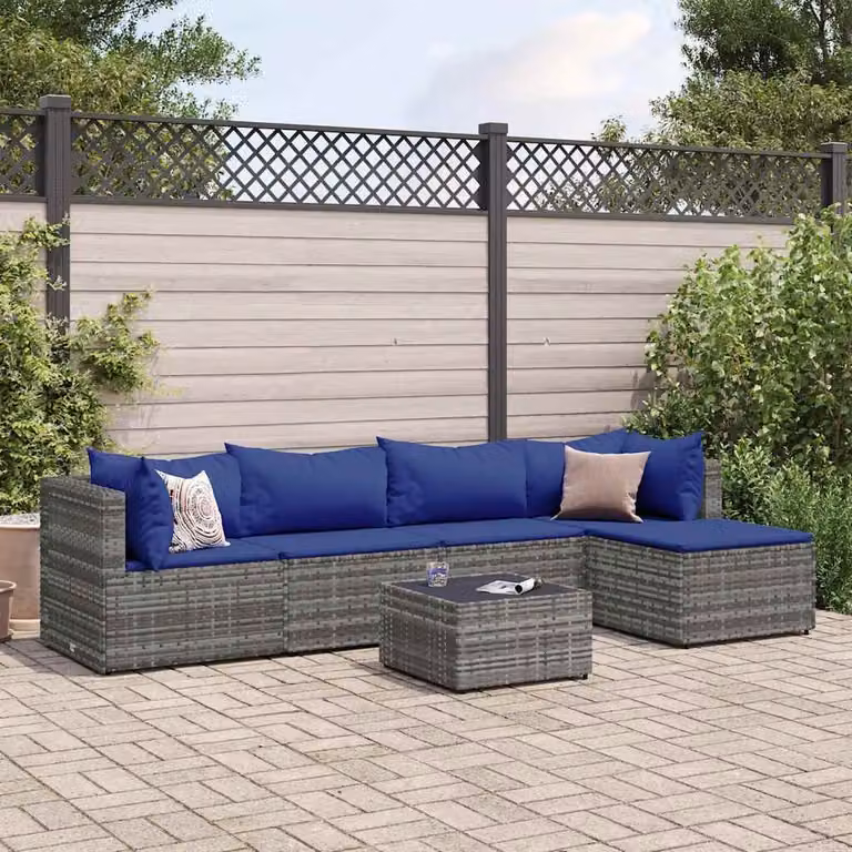 vidaXL Set Divani da Giardino 6 pz a Forma a L con Tavolino e Pouf, Colore Grigio e Blu con Cuscini in Tessuto Resistente ai Raggi UV