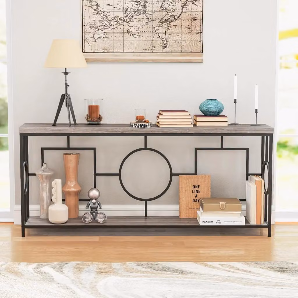 Costway Tavolo consolle moderno a 2 ripiani in stile mid-century con struttura in metallo e piano in legno, Marrone e Nero, L: 180 cm, P: 30 cm, H: 80 cm – 2