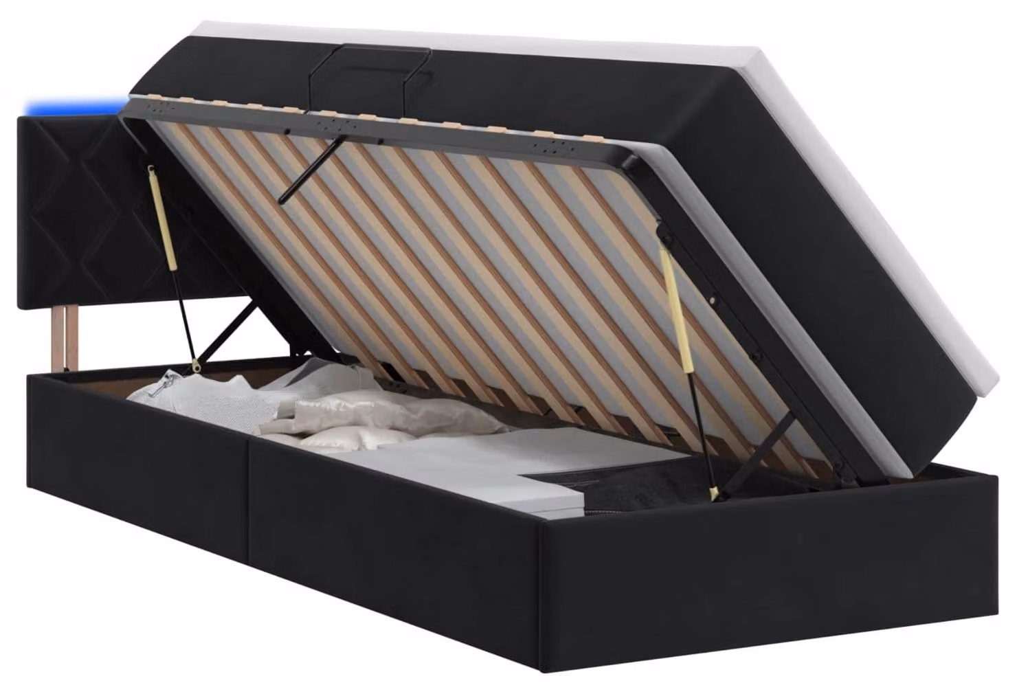 Letto contenitore con tecnologia LED e materasso, colore nero, dimensioni 100 x 200 cm, rivestito in velluto