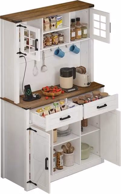 Credenza e buffet in stile industrial con illuminazione LED regolabile, prese elettriche e porte USB/Tipo C, bianco e marrone – 1