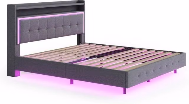 Letto imbottito 140x200 cm grigio con porta USB e luce LED, struttura con piedi nascosti