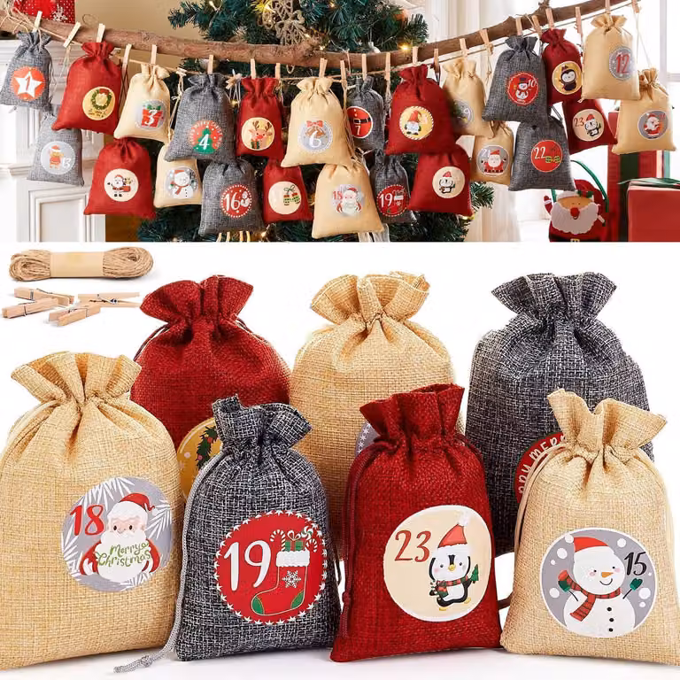 Calendari dell'Avvento da riempire, calendari di Natale fai-da-te, colore rosso e oro, 2 dimensioni, set da 24 pezzi
