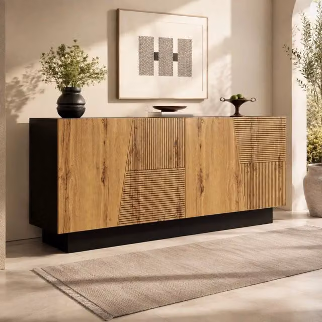 Sideboard moderno 160 cm con ampio spazio di archiviazione, ripiano regolabile e design geometrico in nero e finitura legno