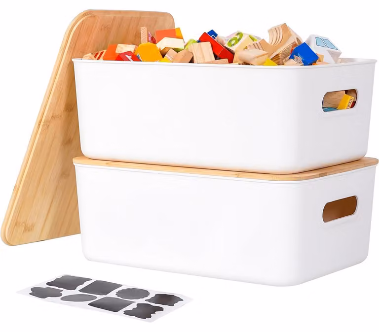 Contenitori di conservazione con coperchio in bambù, colore bianco, set da 2, dimensioni 38,4 x 27 x 15,2 cm, capacità 13 litri, impilabili, con maniglie ed etichette
