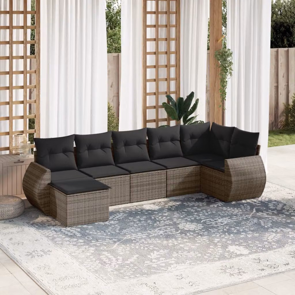 Set di divani da giardino vidaXL a forma di L composto da 7 pezzi in polyrattan grigio con cuscini inclusi – 1
