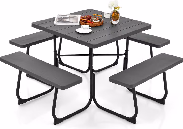 Set da giardino COSTWAY per 8 persone, mobili da giardino con foro per ombrellone e 4 panche, tavolo da giardino nero