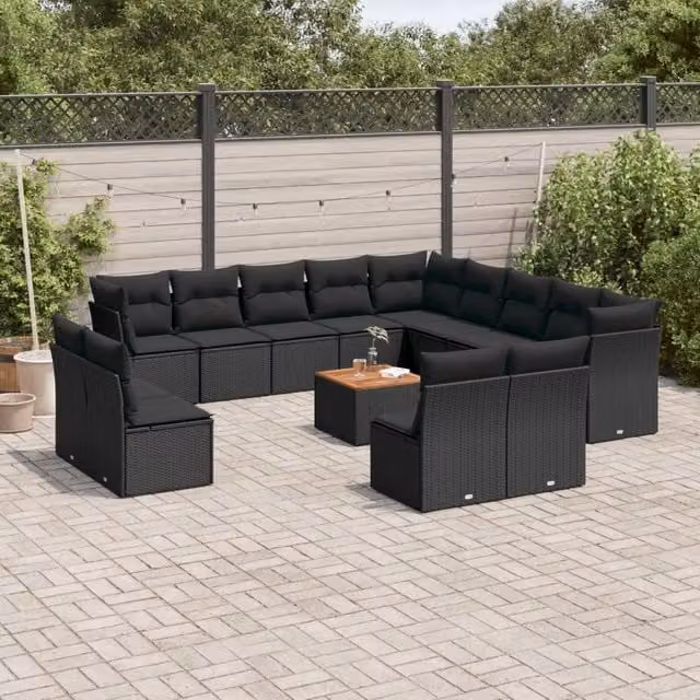 Set di divani da giardino a forma di U vidaXL in polyrattan nero con cuscini e tavolino da esterno
