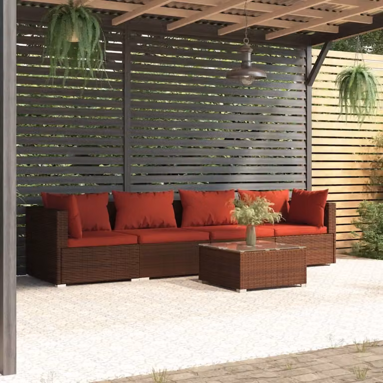 The Living Store Set da giardino 5 pezzi con cuscini in poly rattan marrone