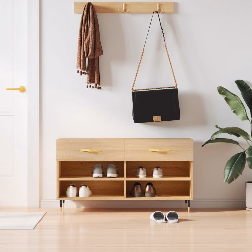 Panca porta scarpe vidaXL in legno e metallo stile industrial, colore rovere sonoma, L 102 cm x P 35 cm x H 55 cm