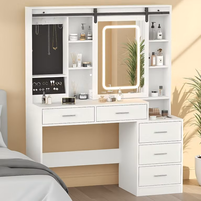 Tavolino da trucco - Comodino da trucco - Specchio con illuminazione a LED, con 3 livelli di intensità luminosa