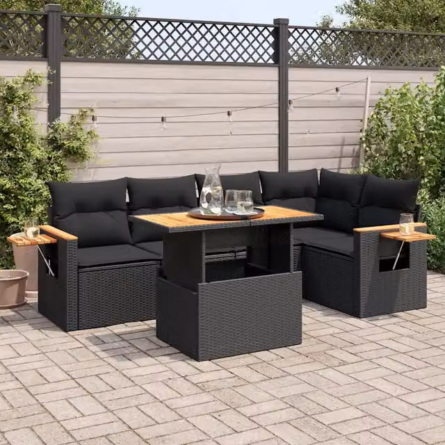 Set Divano da Giardino 6 pz con Cuscini Nero Polyrattan Acacia 3327597