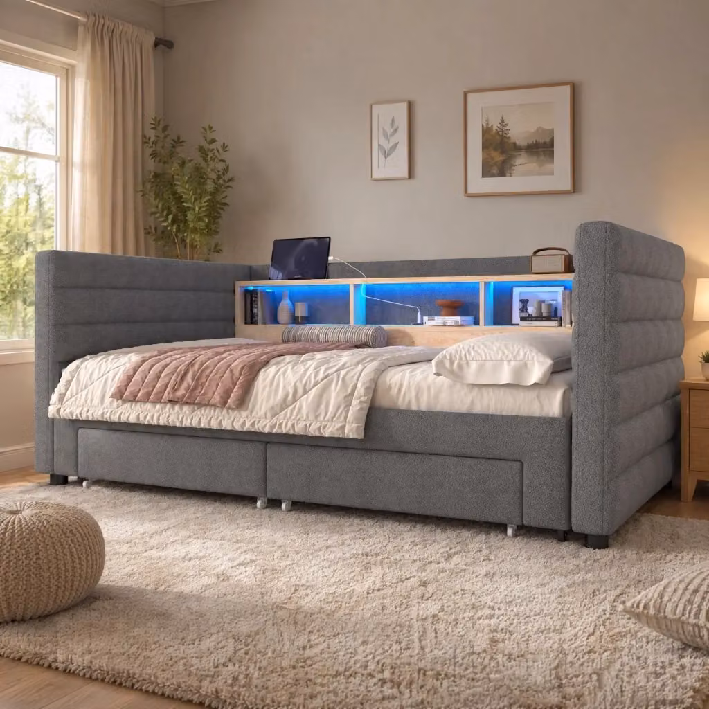 Divano letto estraibile Mivray in velluto grigio con illuminazione LED, porte USB e Type-C, due cassetti e vani portaoggetti, L/P: 90 x 190 cm